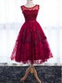 Decent Fuchsia Lace Zipper Scoop Sleeveless Tea Length Wedding Guest Dresses Lace