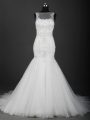 White Sleeveless Brush Train Appliques Bridal Gown