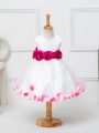 White Tulle Zipper Scoop Sleeveless Knee Length Child Pageant Dress Appliques and Hand Made Flower