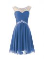 Comfortable Beading Cocktail Dresses Blue Zipper Cap Sleeves Knee Length