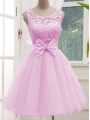 Perfect Knee Length Lilac Bridesmaid Dresses Tulle Sleeveless Lace and Bowknot
