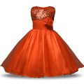 Orange Red Sleeveless Knee Length Bowknot and Belt and Hand Made Flower Zipper Flower Girl Dresses for Less