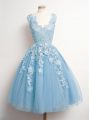 Artistic Knee Length A-line Sleeveless Light Blue Bridesmaids Dress Lace Up