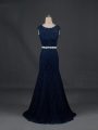 Floor Length Backless Mother Of The Bride Dress Navy Blue for Prom and Military Ball and Sweet 16 and Beach with Beading