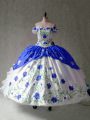 Blue And White Lace Up Quinceanera Dresses Embroidery and Ruffles Cap Sleeves Floor Length