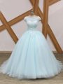 Custom Fit Zipper Quince Ball Gowns Light Blue for Military Ball and Sweet 16 and Quinceanera with Beading and Lace Brush Train