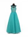 Custom Fit Floor Length Teal Kids Pageant Dress Scoop Sleeveless Lace Up