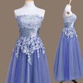 Vintage Appliques Quinceanera Dama Dress Lavender Lace Up Sleeveless Tea Length