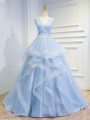 Sleeveless Tulle Floor Length Brush Train Lace Up Prom Dress in Light Blue with Beading and Ruffles