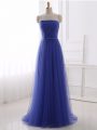 Tulle Strapless Sleeveless Zipper Beading and Belt Homecoming Dresses in Blue