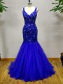 Decent Straps Sleeveless Prom Dresses Brush Train Beading Royal Blue Tulle