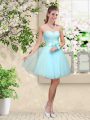 Aqua Blue Sleeveless Knee Length Lace and Belt Lace Up Bridesmaid Gown