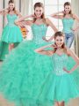 Wonderful Turquoise Sleeveless Organza Brush Train Lace Up 15th Birthday Dress for Prom and Party and Military Ball and Sweet 16 and Quinceanera