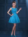 Beauteous Knee Length Baby Blue Bridesmaid Dress Tulle Sleeveless Lace and Ruffled Layers