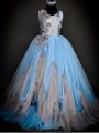 Light Blue Sleeveless Sequins and Hand Made Flower Floor Length Little Girl Pageant Gowns
