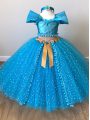 Gorgeous Baby Blue Cap Sleeves Floor Length Sequins and Belt Zipper Pageant Gowns For Girls