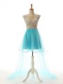 Tulle Scoop Sleeveless Backless Beading and Lace and Appliques Dress for Prom in Aqua Blue