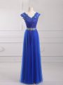 Attractive Royal Blue Empire Tulle V-neck Short Sleeves Beading and Lace and Appliques and Belt Floor Length Lace Up Juniors Party Dress