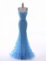 Baby Blue Mermaid Beading and Belt and Hand Made Flower Evening Outfits Zipper Tulle Sleeveless Floor Length