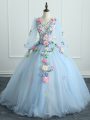 V-neck Long Sleeves Lace Up Sweet 16 Dresses Light Blue Tulle