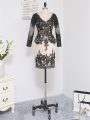 Black Column/Sheath Lace V-neck Long Sleeves Lace and Appliques Mini Length Zipper Mother Of The Bride Dress