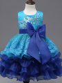 Fantastic Royal Blue Ball Gowns Lace and Ruffled Layers and Bowknot Kids Formal Wear Zipper Organza Sleeveless Tea Length