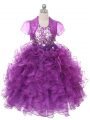 Floor Length Lace Up Little Girls Pageant Gowns Purple for Wedding Party with Ruffles and Sequins and Bowknot