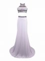 Halter Top Sleeveless Prom Party Dress Brush Train Beading White Chiffon