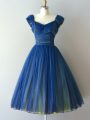 Blue Lace Up Dama Dress for Quinceanera Ruching Cap Sleeves Knee Length