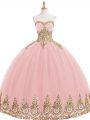 Best Sweetheart Sleeveless Quinceanera Gown Floor Length Appliques Baby Pink Tulle