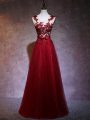 Sleeveless Elastic Woven Satin Floor Length Backless Prom Party Dress in Wine Red with Appliques