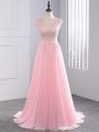 Baby Pink V-neck Neckline Appliques Prom Evening Gown Sleeveless Side Zipper