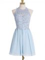 Knee Length Light Blue Bridesmaid Gown Halter Top Sleeveless Lace Up