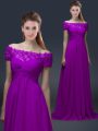 Traditional Purple Lace Up Mother Of The Bride Dress Appliques Short Sleeves Floor Length