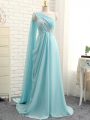 Aqua Blue Chiffon Zipper One Shoulder Sleeveless Quinceanera Dama Dress Brush Train Beading and Ruching