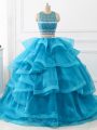 Traditional Scoop Sleeveless 15th Birthday Dress Brush Train Beading and Ruffles Baby Blue Tulle