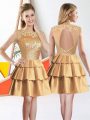 Gold Sleeveless Beading and Lace Knee Length Damas Dress