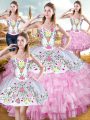 Super Rose Pink Lace Up Sweetheart Embroidery and Ruffled Layers Quinceanera Dress Organza and Taffeta Sleeveless