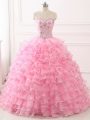 Artistic Baby Pink Ball Gown Prom Dress Military Ball and Sweet 16 and Quinceanera with Beading and Ruffled Layers Sweetheart Sleeveless Sweep Train Lace Up