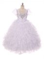 White Ball Gowns Organza Straps Sleeveless Beading and Ruffles Floor Length Lace Up Little Girls Pageant Dress