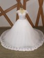 Decent V-neck Short Sleeves Tulle Wedding Dress Beading and Lace and Appliques Chapel Train Lace Up