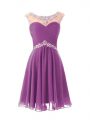 Fantastic Purple A-line Beading Cocktail Dresses Zipper Chiffon Cap Sleeves Knee Length