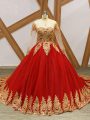Wine Red Lace Up Quinceanera Dress Beading and Appliques Long Sleeves Court Train
