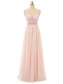 Pink Sleeveless Floor Length Beading and Appliques Zipper Prom Evening Gown