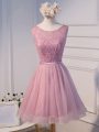 Pink Tulle Lace Up Scoop Sleeveless Mini Length Prom Gown Beading and Belt