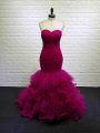 Stylish Fuchsia Sweetheart Lace Up Beading and Ruching Brush Train Sleeveless