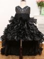 Black A-line V-neck Sleeveless Organza High Low Zipper Beading and Ruffles and Bowknot Kids Formal Wear
