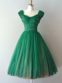 Best Green Bridesmaid Gown Prom and Party and Sweet 16 with Ruching V-neck Cap Sleeves Lace Up