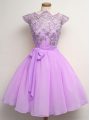 Knee Length Lace Up Bridesmaids Dress Lilac for Prom and Party and Wedding Party with Lace and Belt