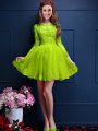 Yellow Green Lace Up Wedding Guest Dresses Beading and Lace and Appliques 3 4 Length Sleeve Mini Length